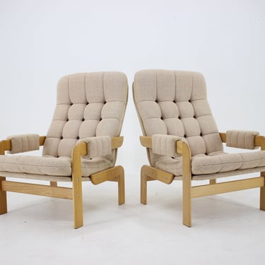 1970s Pair of Beech High Back Armchairs, Czechoslovakia / Vintage Armchairs 