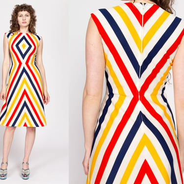 Small 70s Chevron Striped Midi Dress | Vintage Julie Miller Colorful A Line Retro Sleeveless Dress 