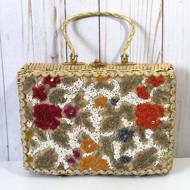 Vintage 1950s 60s Fancy Tapestry Chenille Wicker Handbag bag / Lunch Pail Box Purse Princess Atlas Midas Miami 