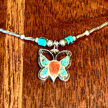 Silver Butterfly Turquoise Coral Chip Inlay Crushed Gemstone Pendant Necklace Vintage Retro jewelry Gift 