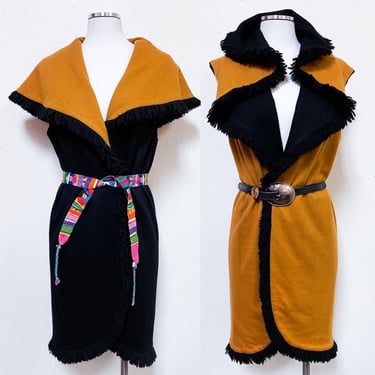 1960s - 1970s Black & Golden Mustard Yellow Reversible Wool Blend Long Vest / Dress w Yarn Fringe | Vintage, Hippie, Funky, Retro, Unique 