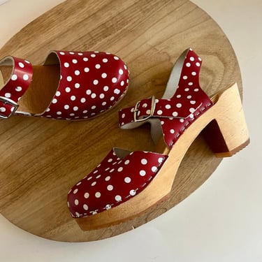 Haga Red Polka Dot Ankle Buckle Strap Made in Sweden Wooden Heel Clog - 37 