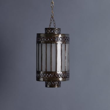 Frosted Glass &amp; Tin Paneled Hanging Moroccan Lantern