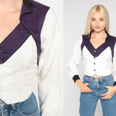 Western Blouse 80s 90s Button Up Crop Top Rodeo Shirt White Purple Cowgirl Cropped Southwest Long Sleeve Retro Vintage Panhandle Slim Small 