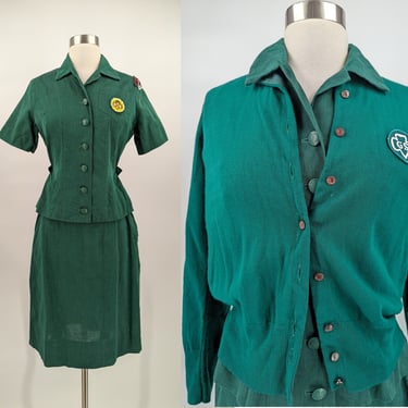 Vintage 60s Girl Scouts XS Three Piece Uniform - Savannah Patch - Top Skirt Cardigan 