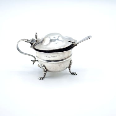 Antique English Silver Salt Cellar with Spoon and Cobalt Blue Glass Liner 