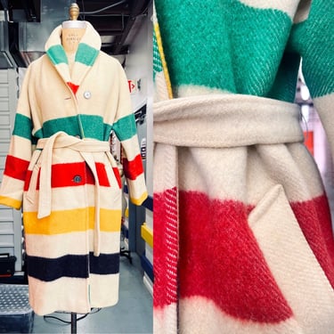 RARE 1960s 1970s Hudson Bay 4 Loint Wool Blanket Coat, 70s rainbow stripe wool coat, vintage wool coat, 60s cream belted vintage coat 