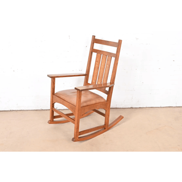 Stickley Harvey Ellis Collection Mission Arts & Crafts Inlaid Oak and Leather Rocking Chair