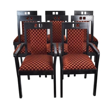 Set of 8 Lee Weitzman Chicago Black Oak Dining Chairs w Checked Velvet Uphy 