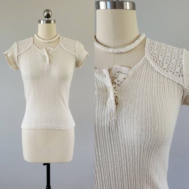 1970's Knit Henley Top by M8ss Calico 70's Blouse 70s Women's Vintage Size XS / Small 
