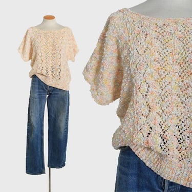 Vintage 80s crochet knit confetti cotton sweater 