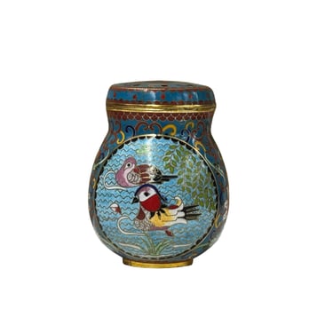 Teal Turquoise Metal Cloisonné Birds Flower Enamel Round Box Jar ws4702E 