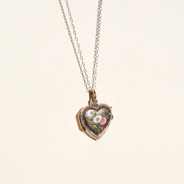ANTIQUE HEART SHAPED PAINTED SILVER LOCKET NECKLACE