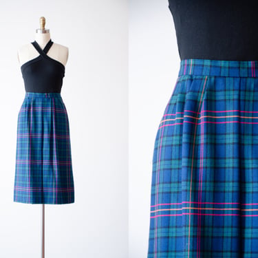 plaid wool skirt | 80s vintage blue green pink plaid dark academia knee length pencil skirt 