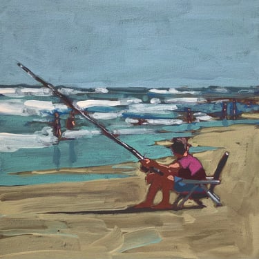 Fisherman #2  |  Original Acrylic Painting on Canvas 10 x 10, beach, ocean, fish, sea, landscape, small, square, michael van, gallery wall 