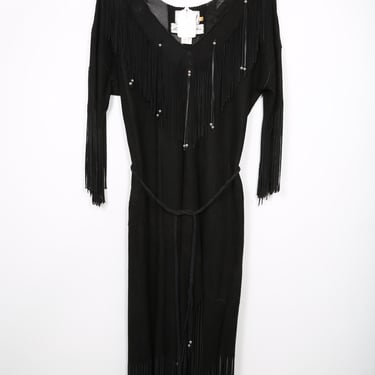 80s 90s Vintage Black Suede Fringe Midi Dress Cowgirl Western Southwestern Rock RocknRoll 