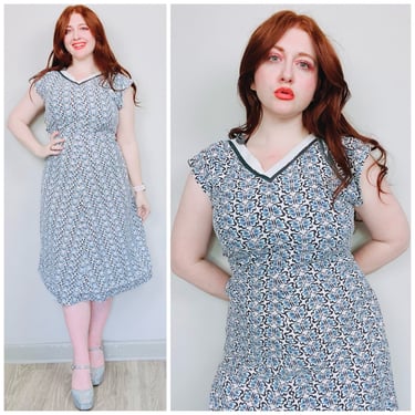 1940s Vintage Cotton Novelty Print Dress / 40s White and Blue Butterfly Print Fit and Flare Dress / Size Large 