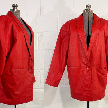 Vintage Red Leather Blazer Coat Jacket Hipster One Button Front Boho Mob Wife Aesthetic 1980s 80s Medium Small 