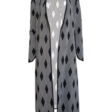 Pepa Pombo - Black & White Geometric Print Open Front Long Knit Jacket Sz M