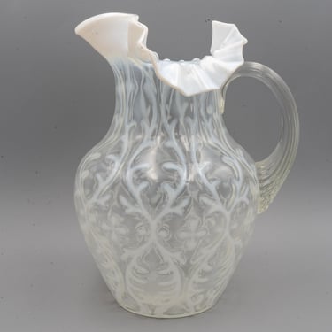 Northwood Spanish Lace White Opalescent Glass Water Pitcher | Antique Collectible Glassware | Opaline Brocade 