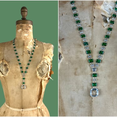 ART DECO ERA Vintage 30s Crystal Necklace | 1930s Green & Clear Faceted Open Back Czech Stones w/ Large Pendant | 20s Flapper Gatsby Jewelry 