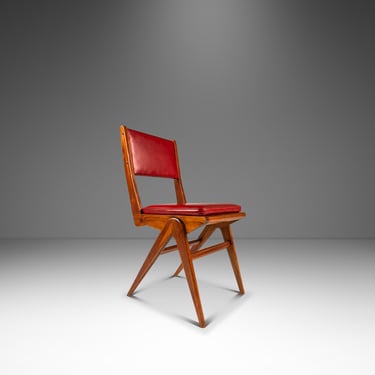 Italian Mid-Century Modern Angular Patinaed Accent Chair in Walnut & Vinyl After Carlo de Carli, USA, c. 1960s 
