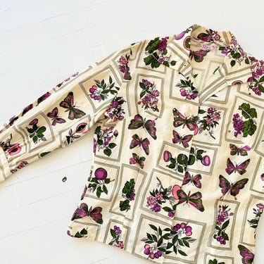 1950s Butterfly + Floral Print Rhinestone Blouse 
