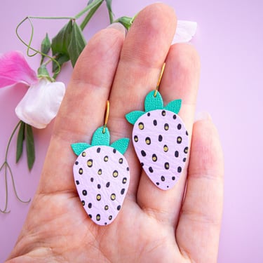 Pink Strawberry Earrings w/ Green Tops - Hand Painted on Reclaimed Leather 