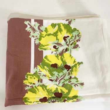 Vintage Floral Tablecloth Lettuce Taupe Mid-Century Green Table Cloth Dining Yellow Kitchen 1950s 