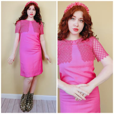 1960s Vintage Raw Silk / Linen Bubblegum Pink Shift Dress / 60s / Sixties Mod Flower Power Lace Net Dress / Size Small - Medium 