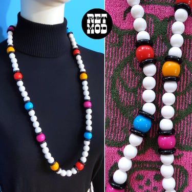 Fun Vintage 80s 90s Colorful Beaded Long Statement Necklace 