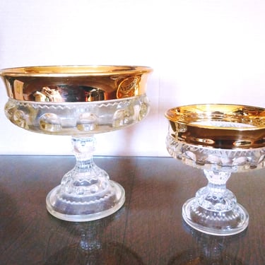 2VINTAGE Gold Tiffin Compotes, Crown Thumbprint Pedestal Glassware, Home Decor 