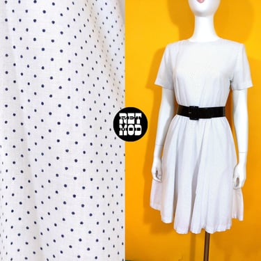 Comfy Cute Vintage White & Navy Blue Polka Dot Fit and Flare Dress with Pockets 