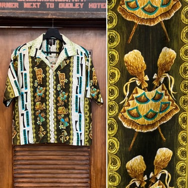 Vintage 1960’s Tiki God Tropical Cotton Mod Surf Hawaiian Shirt, 60’s Loop Collar Shirt, Vintage Clothing 