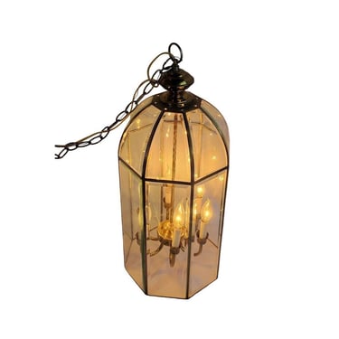 VTG Entryway Glass Brass Lantern Pendant Chandelier Dining Foyer Light Swag Lamp 