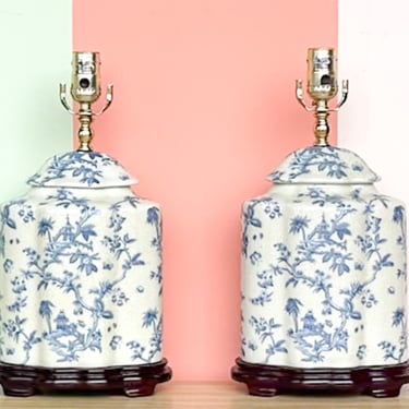 Pair of Blue and White Pagoda Lamps
