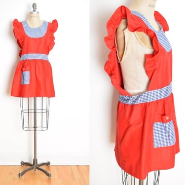 vintage 70s top red gingham ruffle pinafore apron cottagecore blouse shirt L clothing 