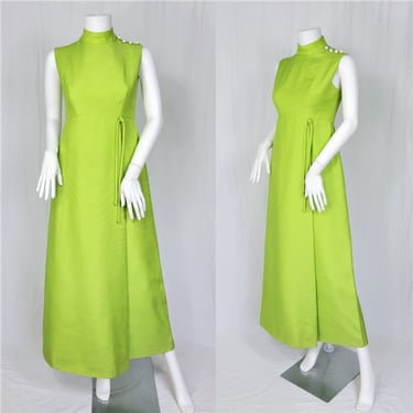 1960's Lime Green Mandarin Collar Long Shift Dress I Sz Sm I MOD I Old Hollwood I Oscars 