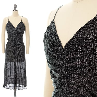 Vintage 1980s Party Dress | 80s Metallic Sparkly Lurex Black Silver Travilla Style Accordion Pleated Wiggle Cocktail Evening Dress (x-small) 