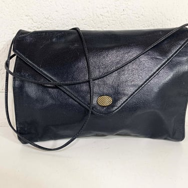 Vintage Navy Blue Leather Gold Shirl Miller Ltd. Envelope Purse Crossbody Bag Handbag Retro 1970s 70s 