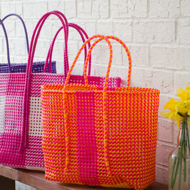 Large Market bag, Reusable Grocery bag, Beach Bag, Picnic basket, South Indian Wire Koodai - Orange Popsicle 