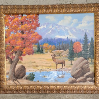 Vintage American Western Painting by Charles Damrow Elk & Mountains 