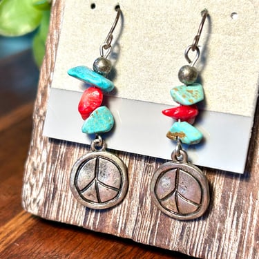 Turquoise Chip Peace Sign Dangle Earrings Retro Hippie Boho Fashion 