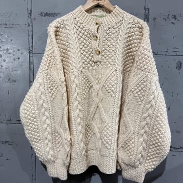 Vintage Thick Chunky fisherman sweater Knit Pullover Gray cable knit Henley mock neck 