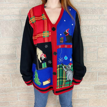 Vintage Christmas Cats Patchwork Knit Holiday Sweater 