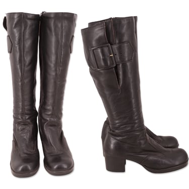 60s sz 8 black leather mod go go boots  / vintage 1960s knee high buckle low heel boots 70s 38 
