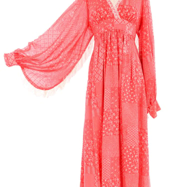 1970s Lace Trim Angel Sleeve Maxi Dress