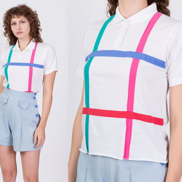 80s Preppy Color Block Grid Polo Shirt - Medium | Vintage Colorful Short Sleeve Collared Tennis Shirt 