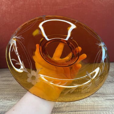 Vintage Glass Amber Floral Paradise Scroll Decorative Centerpiece Dish Bowl Carved Petal Design Table Decor 