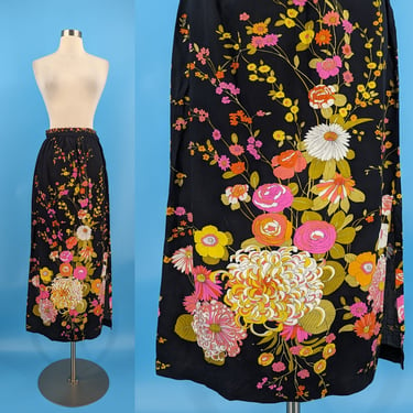 Seventies XXS Black Maxi Skirt with Neon Floral Print - 70s XXS Straight Cotton Maxi Skirt 